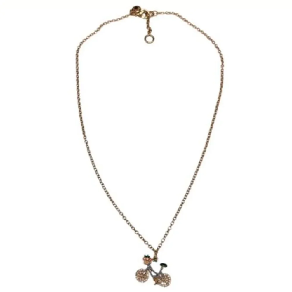 J.Crew Whimsical Blue Enamel Rhinestone Bicycle Pendant Gold Tone Chain Necklace